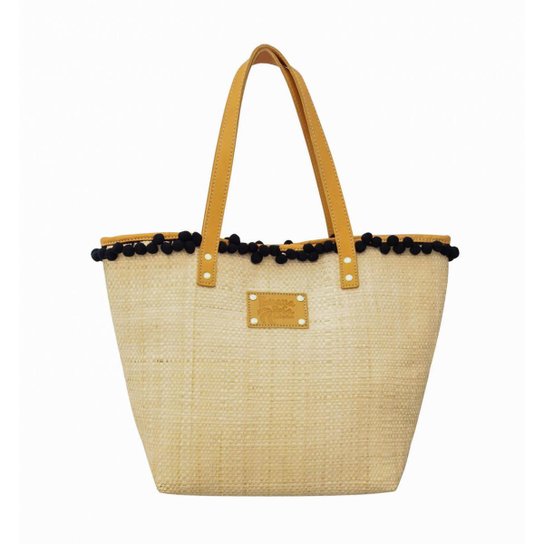 Bolsa de Palha Buriti Forro Bananas Pompom Feminina - Areia