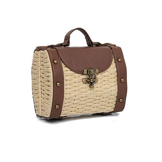 Bolsa de Palha estilo Vime com Couro Alça de Mão e de Ombro Removível Natural - Bege