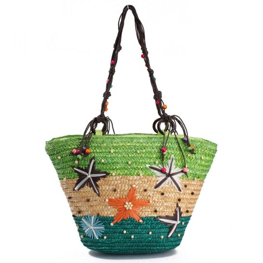 Bolsa de Praia Palha com Bordados e Contas de Madeira Estrela do Mar - Verde