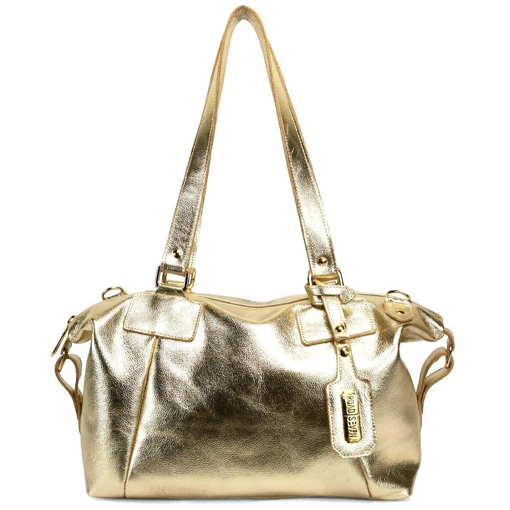 Bolsa Feminina Bowling Baú em Couro Legitimo Dourada Road Seven
