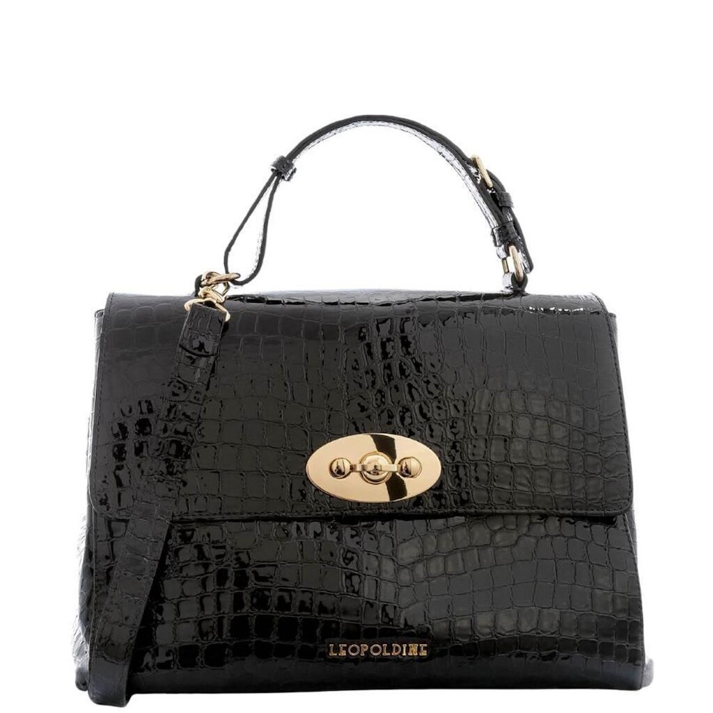 Bolsa Feminina Couro Legitimo Preta Textura Croco com Alça de Mão e Ombro Leopoldine
