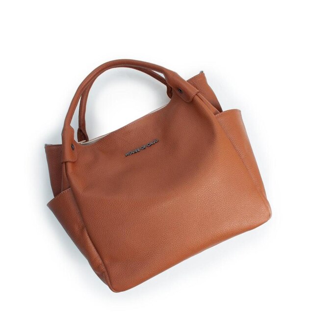 BOLSA FEMININA EM COURO ALÇA DE MÃO PRETA COM CARAMELO “LARA CASTRO”