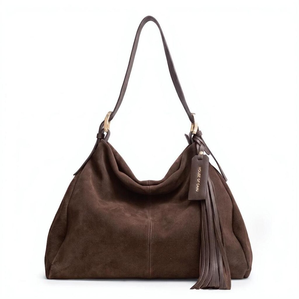 BOLSA FEMININA EM COURO CAMURÇA TIRACOLO CAFÉ "ALINE DOURADO"
