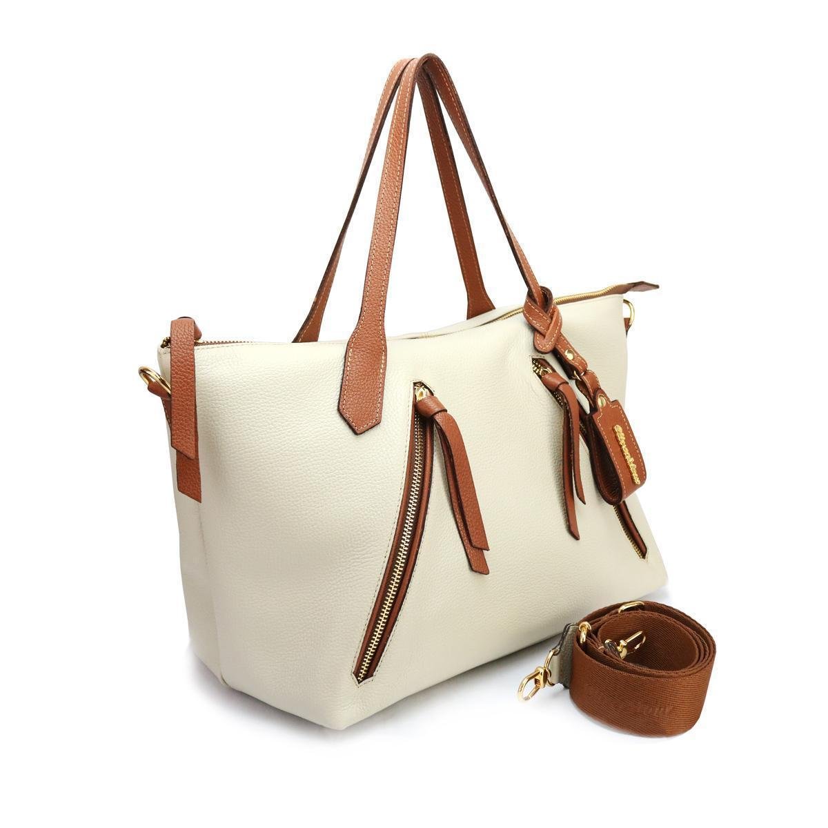 Bolsa Feminina em Couro Legitimo Grande Bowling Oliver Mour e Marfim - Caramelo+Off white Menor preço em Bolsa Feminina em Couro Legitimo Grande Bowling Oliver Mour e Marfim - Caramelo+Off white