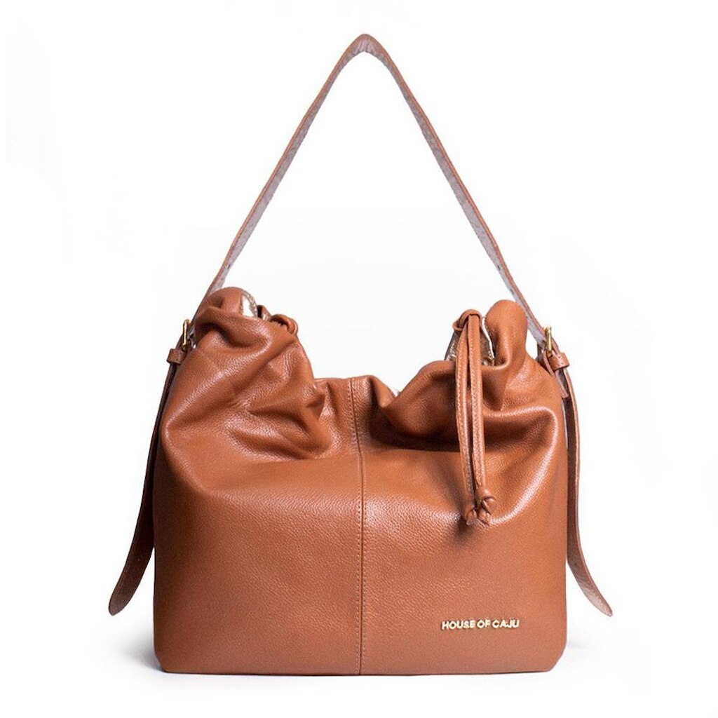BOLSA FEMININA EM COURO TIRACOLO CARAMELO COM DOURADO "JÚLIA DOS SANTOS BARRETO"