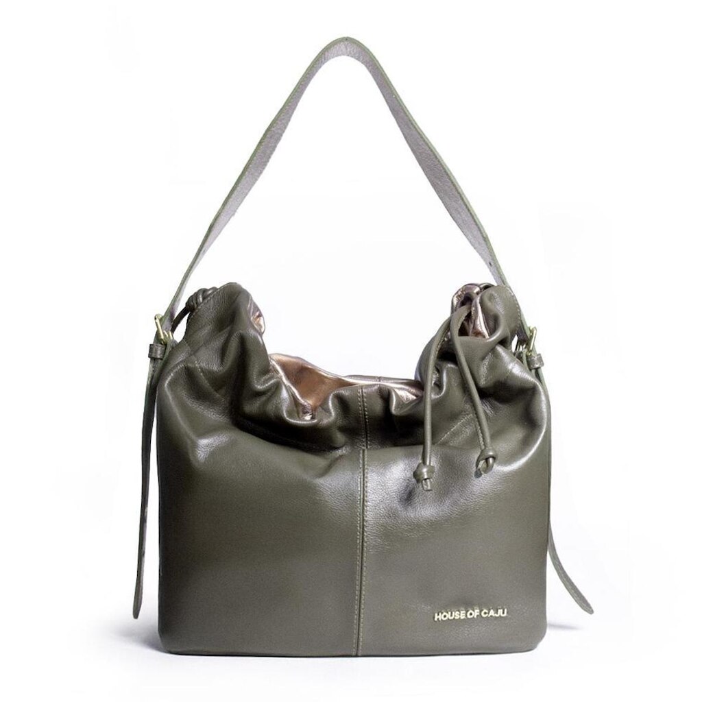 BOLSA FEMININA EM COURO TIRACOLO OLIVA COM DOURADO "DENISE DEL BOCCIO DE OLIVEIRA"