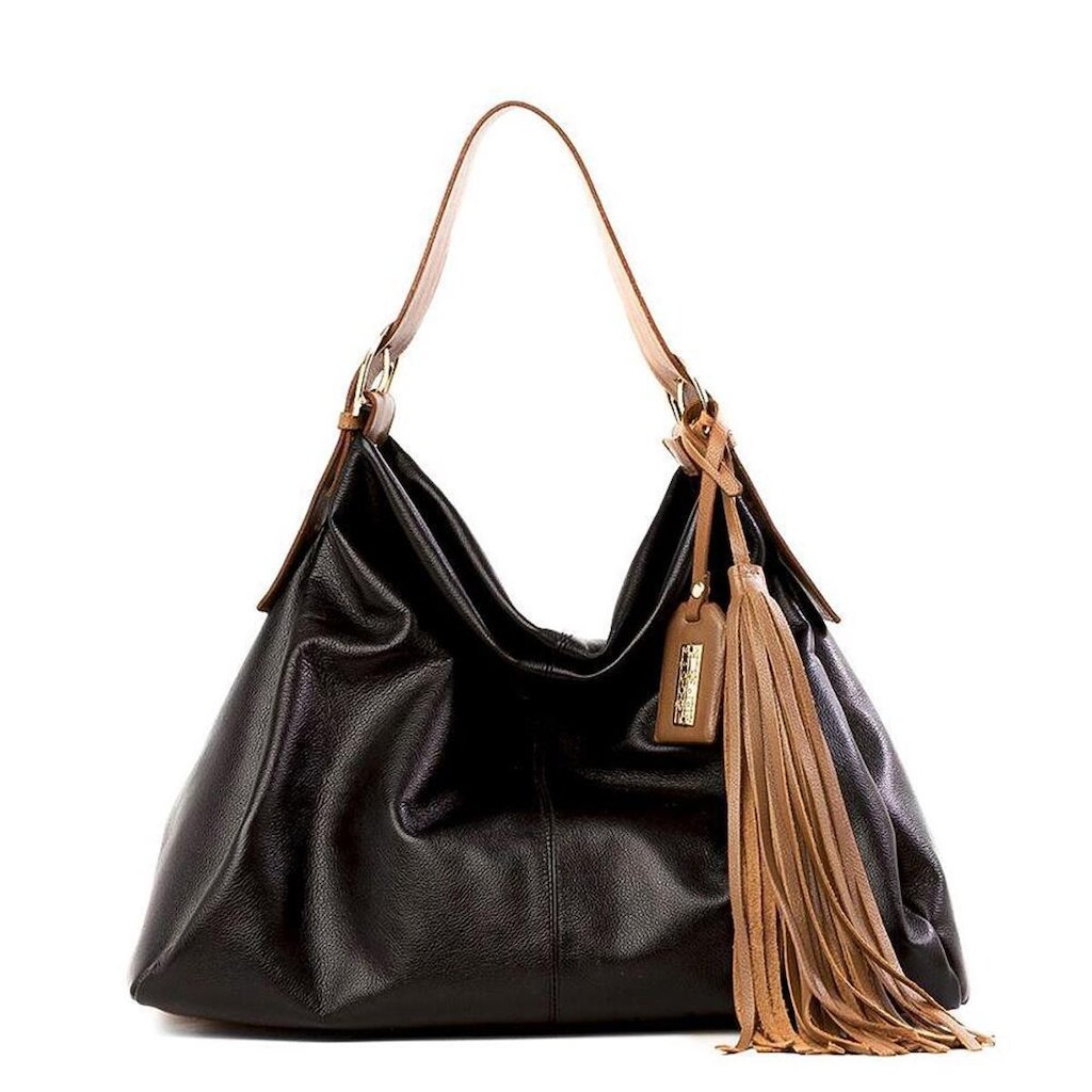 BOLSA FEMININA EM COURO TIRACOLO PRETA COM CARAMELO" JÚLIA YIP"