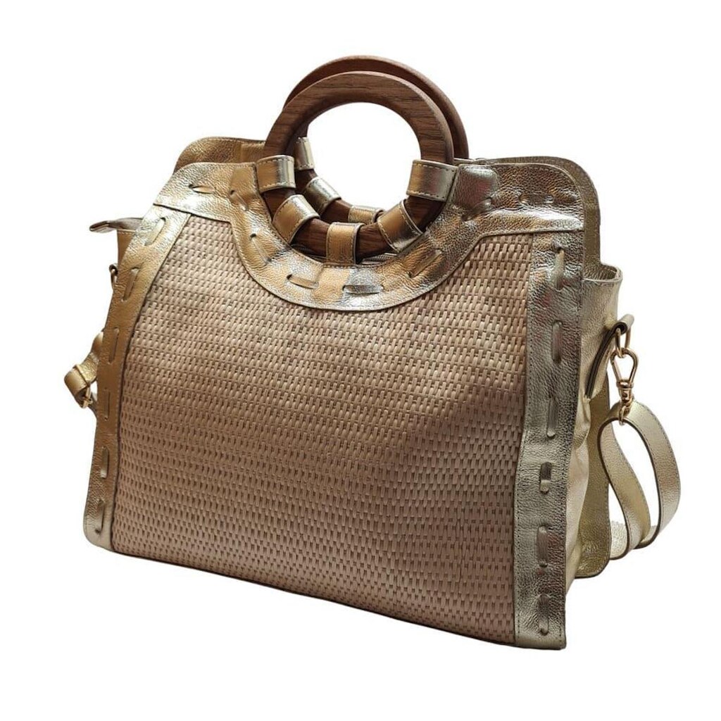Bolsa Grande Argola Couro Ouro Light/Palha