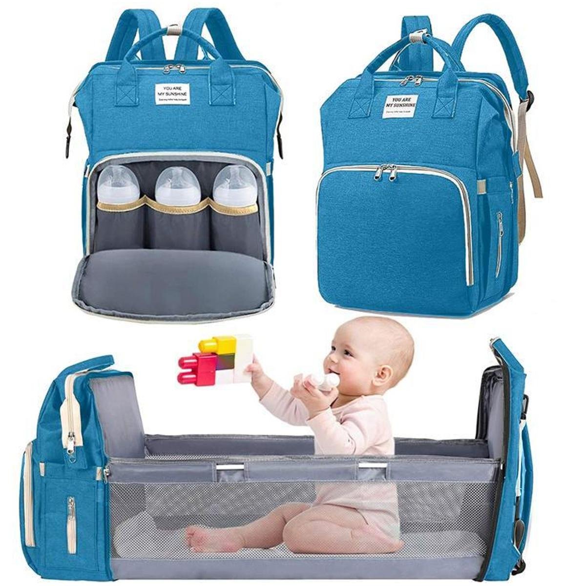 Bolsa Mochila Maternidade Com Caminha Dobrável e Trocador De fraldas - Azul Claro Menor preço em Bolsa Mochila Maternidade Com Caminha Dobrável e Trocador De fraldas - Azul Claro