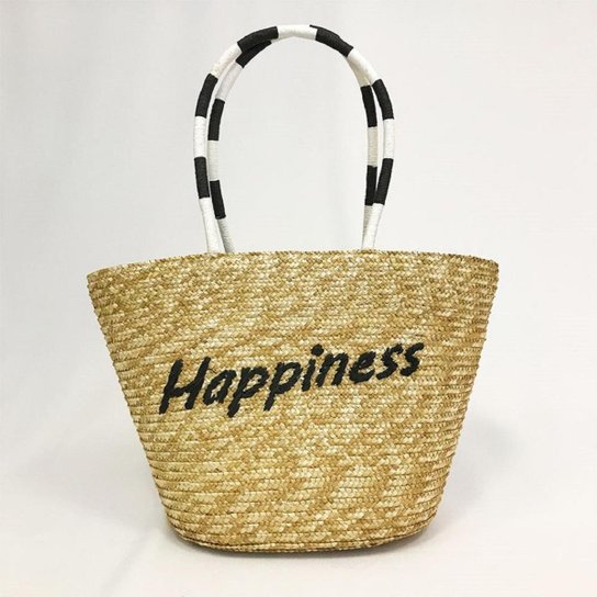 Bolsa Palha Bordada Happiness Alça Dupla Praia - Preto