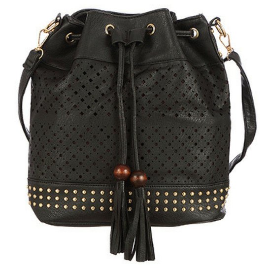 Bolsa Saco Mochila Tiracolo Fecho com Franja - Feminina - Preto