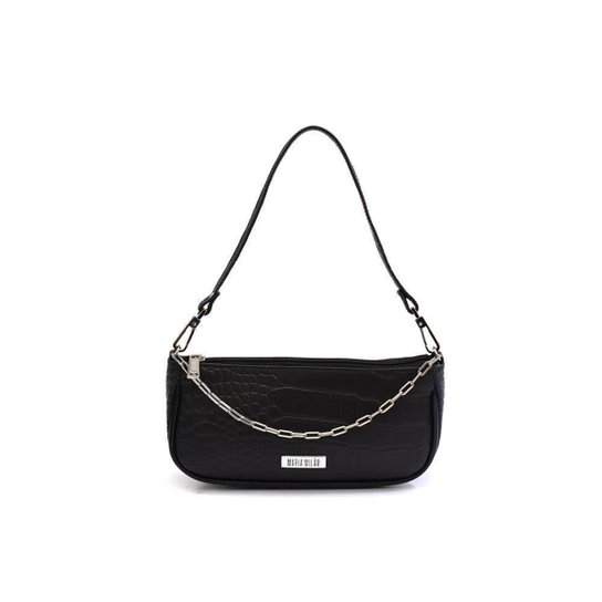 Bolsa Transversal Maria Milão Baguete Croco Corrente Zíper - Preto