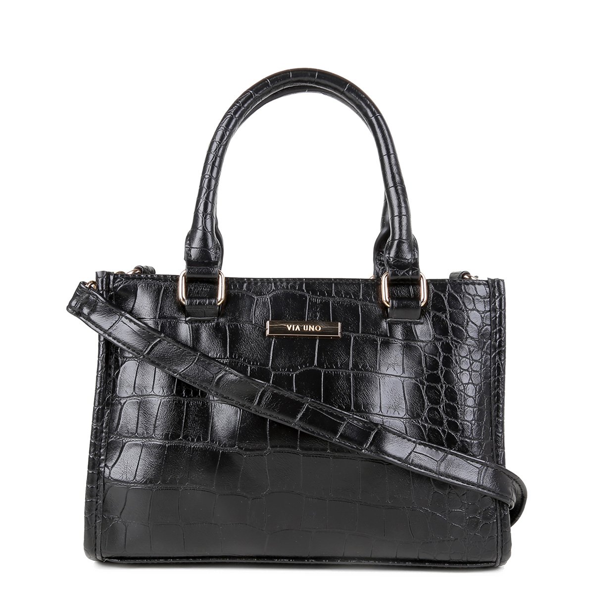 Bolsa Via Uno Handbag Eco Croco Feminina - Preto | Zattini