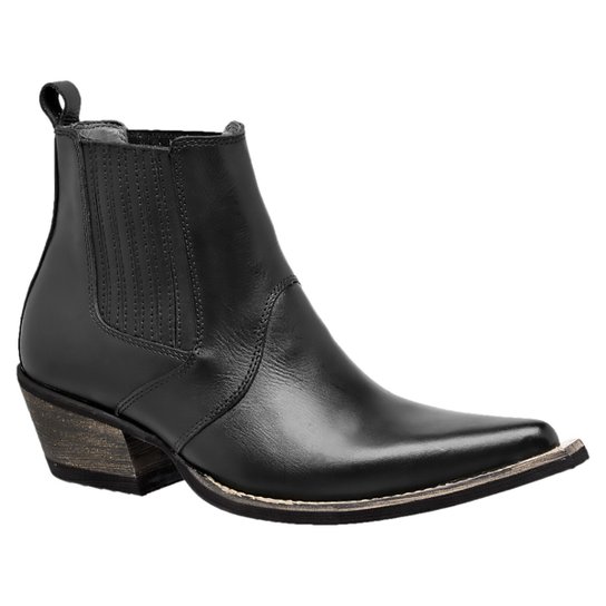 Bota Bico Fino Em Couro Legítimo Liso Preto. Solado Em Couro - Preto