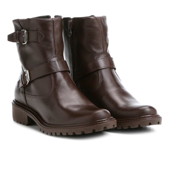 Bota Biker Shoestock Couro Tratorada Feminina - Café