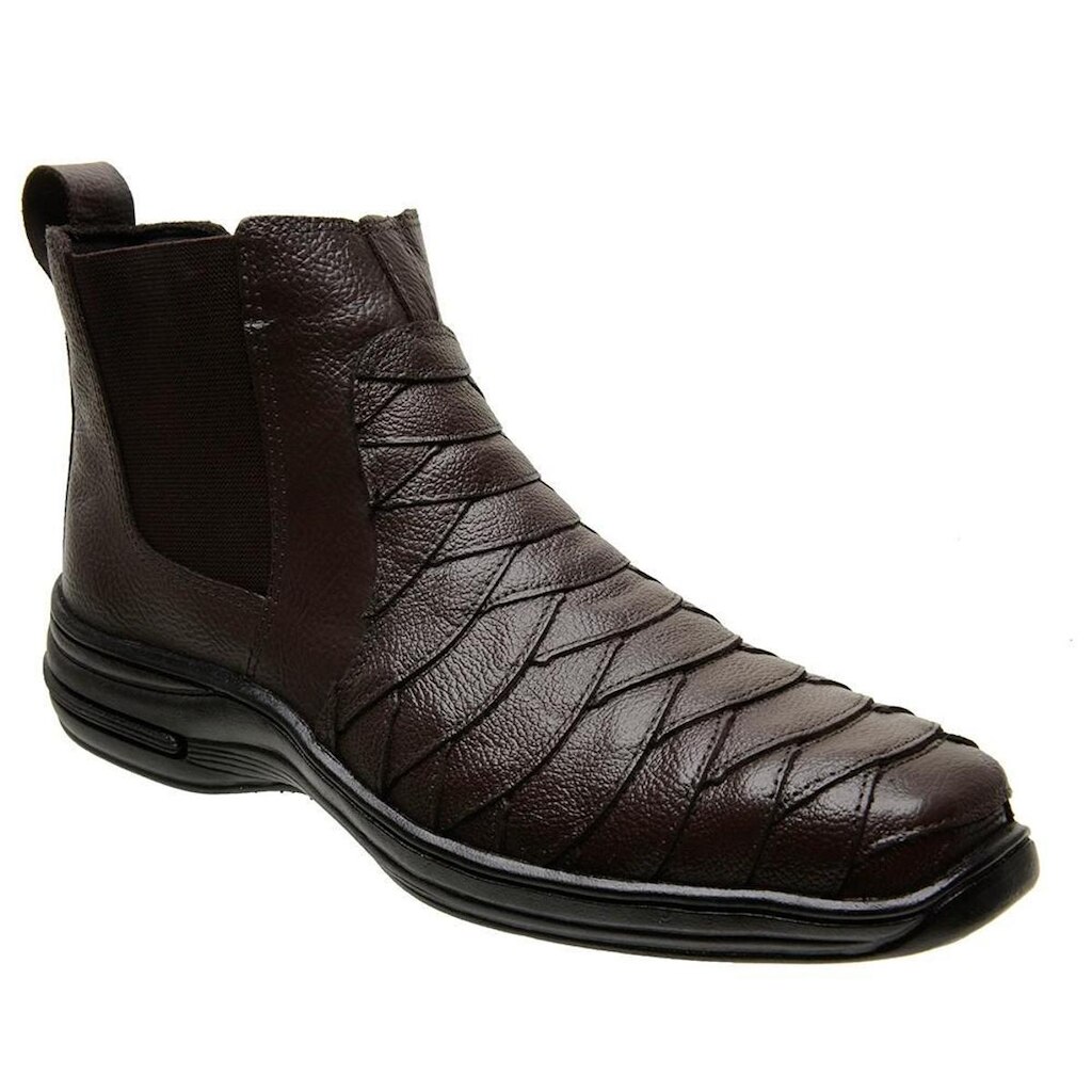 Bota Botina Casual Masculina Escamada Coturno em Couro Solado Costurado