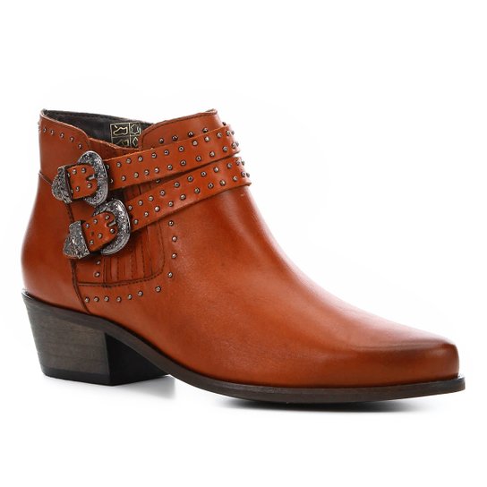 Bota Cano Curto Couro Shoestock Western Feminina - Caramelo