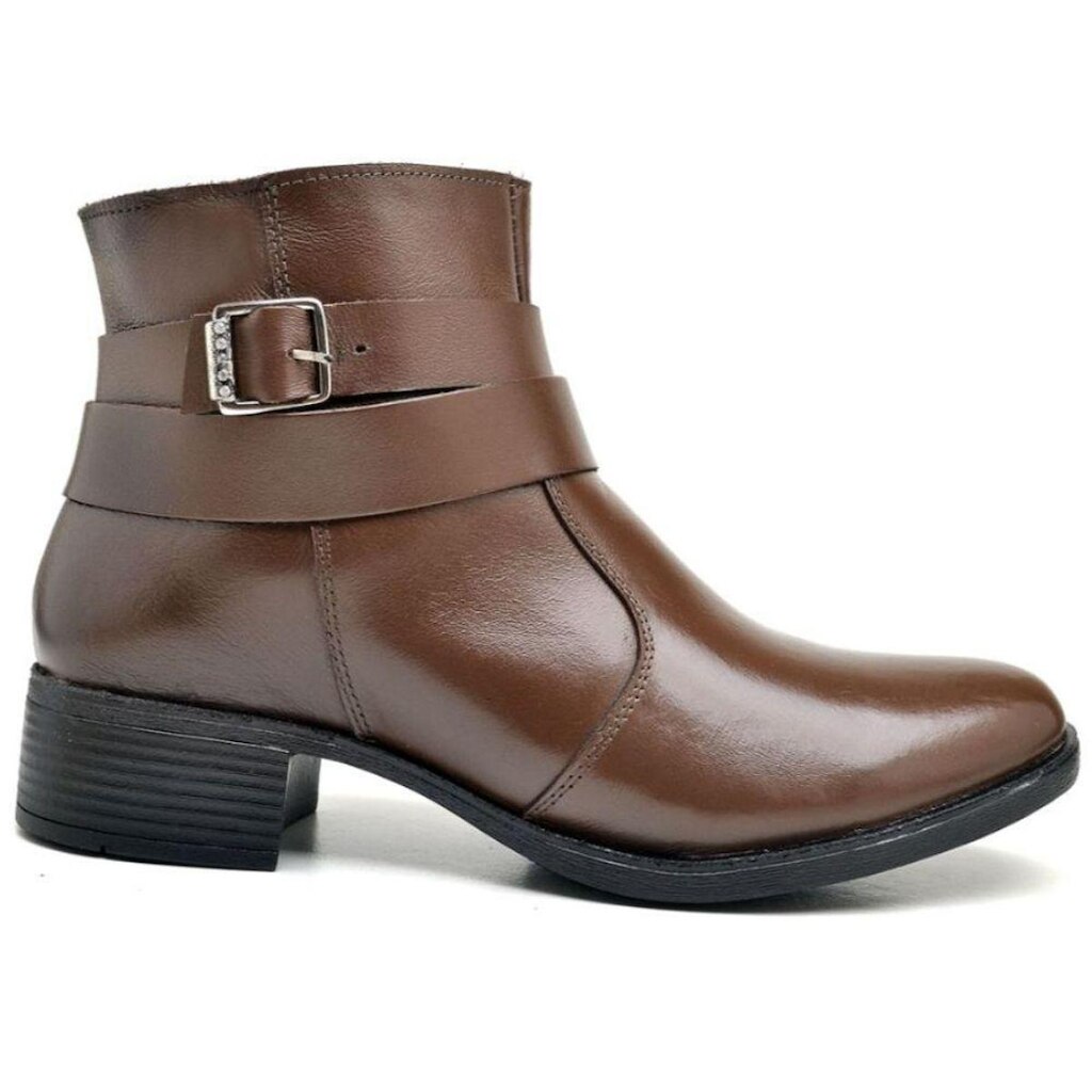 Bota Cano Curto Feminino em Couro com Ziper Detalhe em Tiras e Fivela