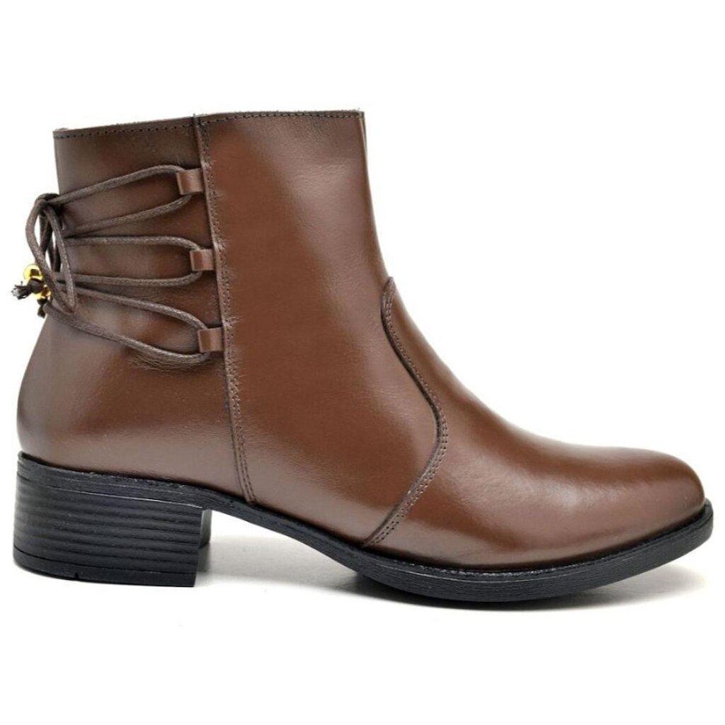 Bota Cano Curto Feminino em Couro com Zíper Lateral e Detalhe em Amarração