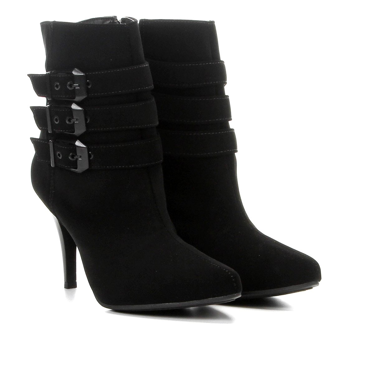 Bota Cano Curto Griffe Salto Fino Fivelas Feminina - Preto Menor preço em Bota Cano Curto Griffe Salto Fino Fivelas Feminina - Preto