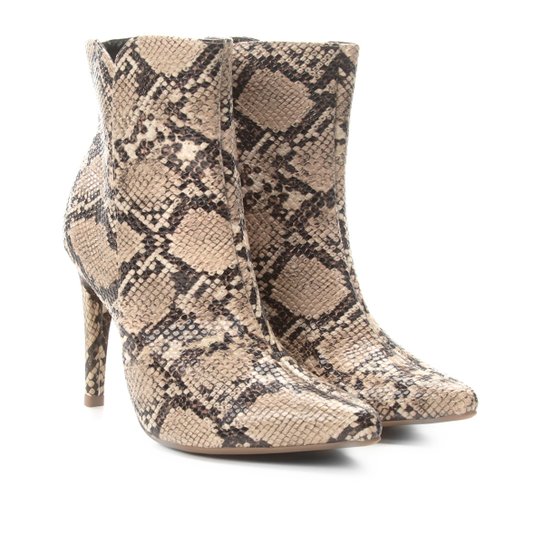 Bota Cano Curto Mixage Salto Fino Animal Print Cobra Feminina - Nude