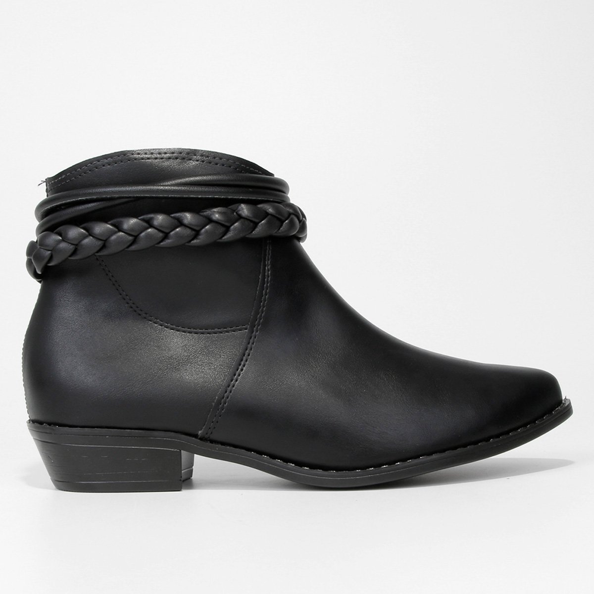 Bota Cano Curto Moleca Bico Fino Trança Feminina - Preto Menor preço em Bota Cano Curto Moleca Bico Fino Trança Feminina - Preto