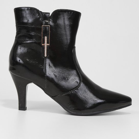 Bota Cano Curto Mooncity Bico Fino Strass Feminina - Preto