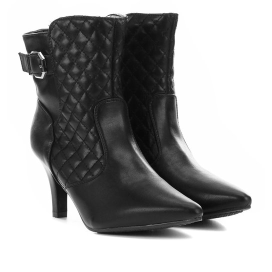 Bota Cano Curto Mooncity Matelassê Bico Fino Salto Médio Feminina - Preto