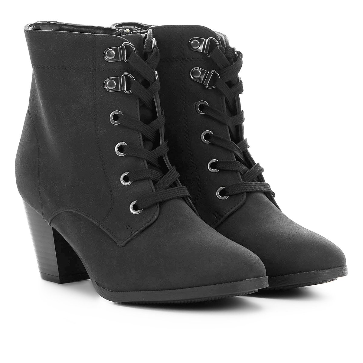 Bota Cano Curto Mooncity Salto Grosso Cadarço Feminina - Preto Menor preço em Bota Cano Curto Mooncity Salto Grosso Cadarço Feminina - Preto