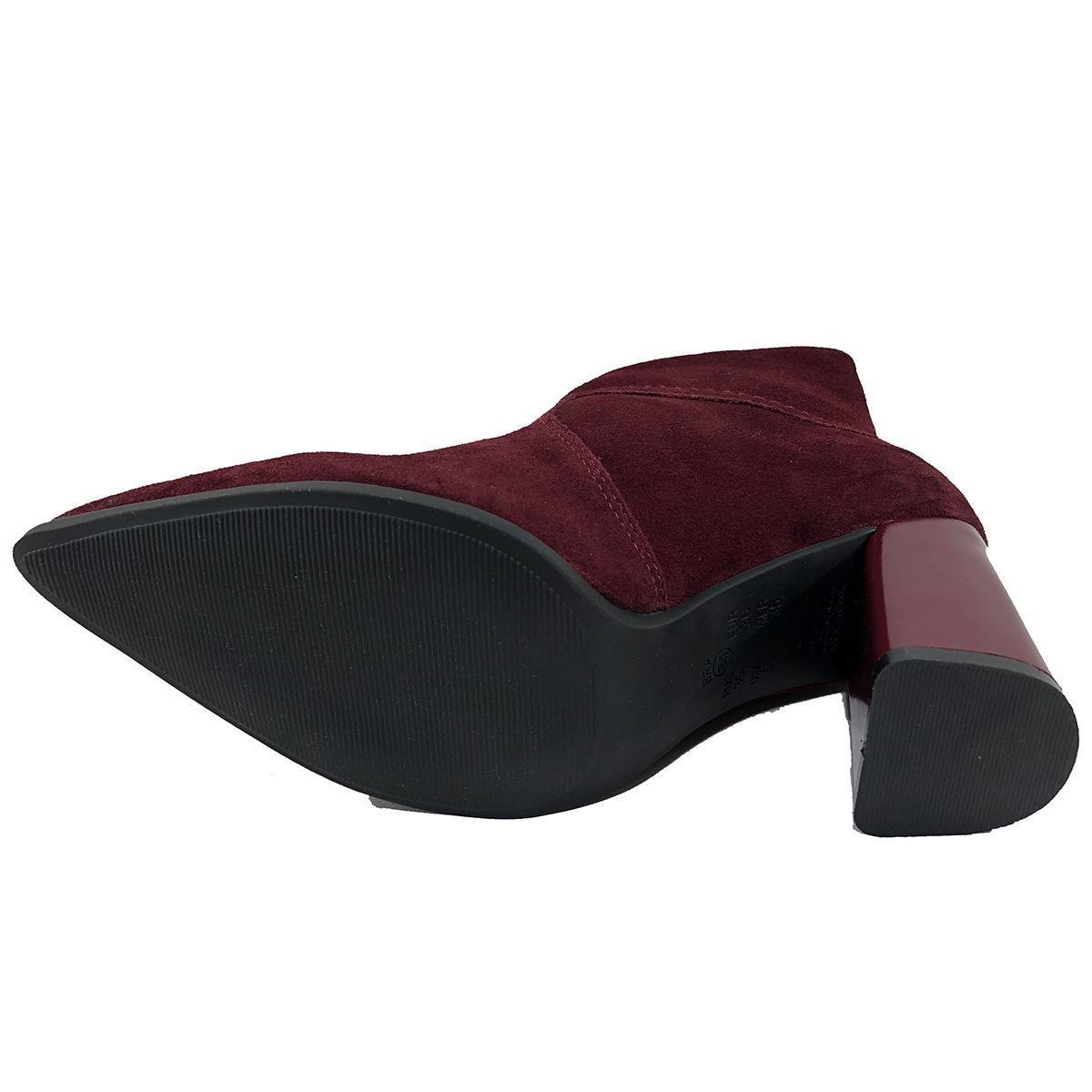 Bota Cano Curto Ramarim Salto Grosso Camurça Lisa Feminina Vinho