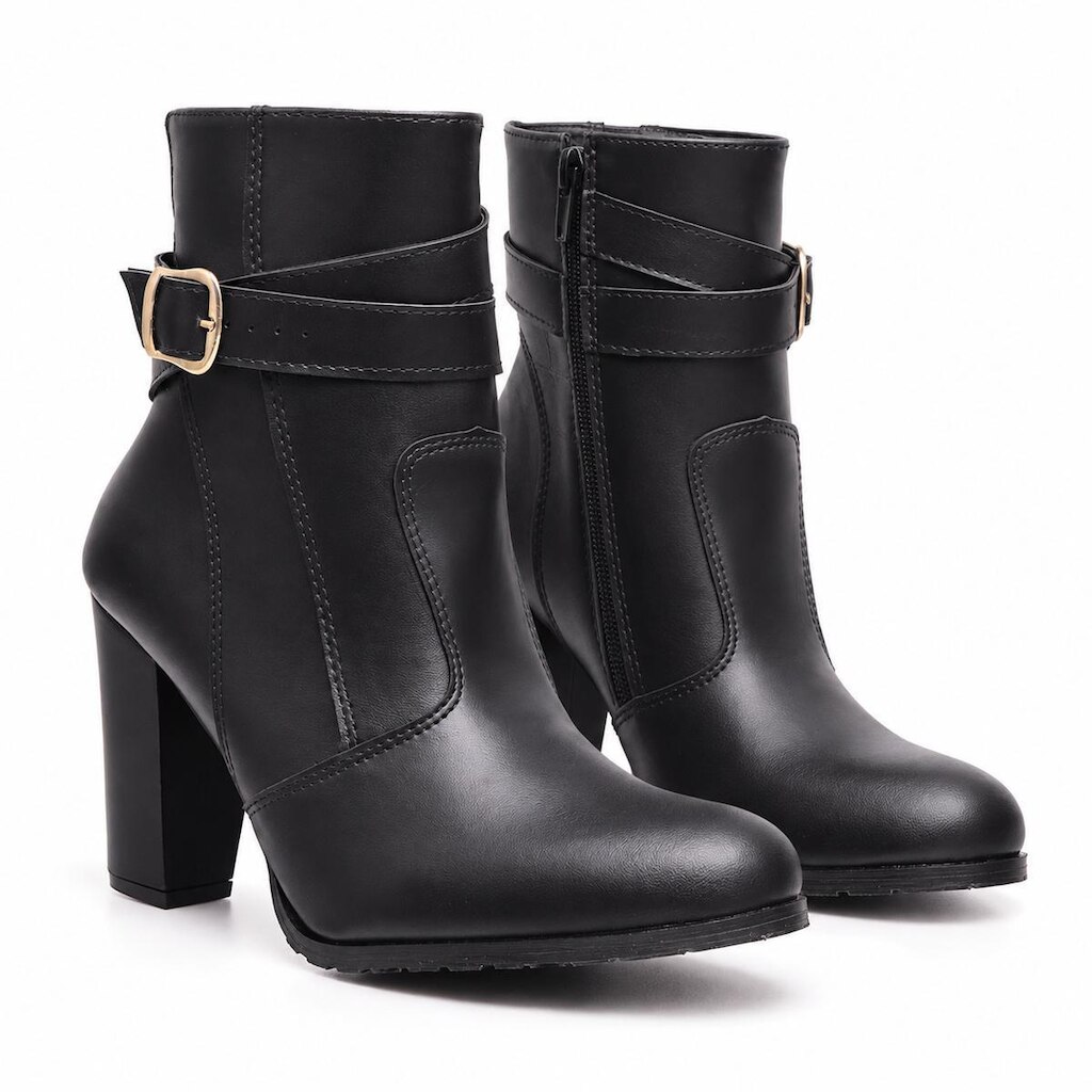 Bota Cano Curto Salto Grosso 9cm Com Fivela E Bico Redondo