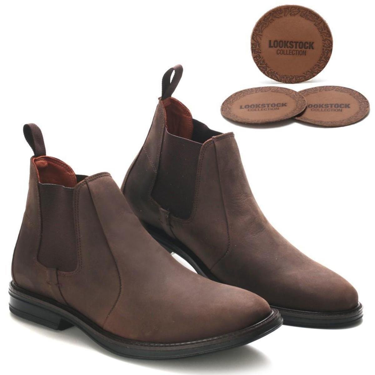 Bota Chelsea Couro Masculina Casual Moderna + Porta Copos - Marrom Menor preço em Bota Chelsea Couro Masculina Casual Moderna + Porta Copos - Marrom