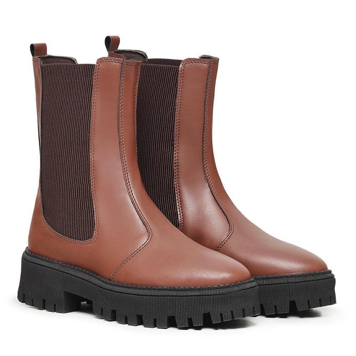 Bota Chelsea Feminina Cano Alto Plataforma Tratorada Moderno - Marrom Menor preço em Bota Chelsea Feminina Cano Alto Plataforma Tratorada Moderno - Marrom