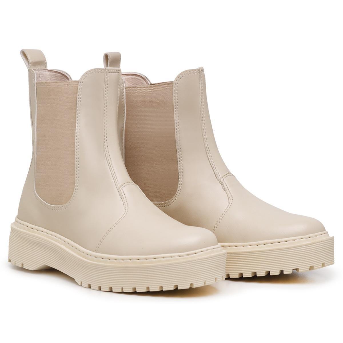 Bota Chelsea Feminina Cano Médio Solado Antiderrapante - Bege Menor preço em Bota Chelsea Feminina Cano Médio Solado Antiderrapante - Bege
