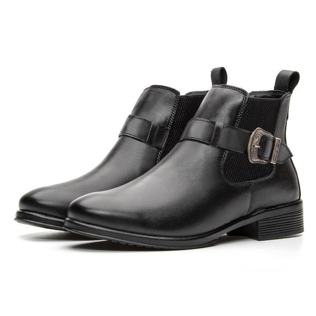Bota Chelsea Feminina Em Couro Elastico Lateral Detalhe Fivela Puxador Traseiro Bico Redondo