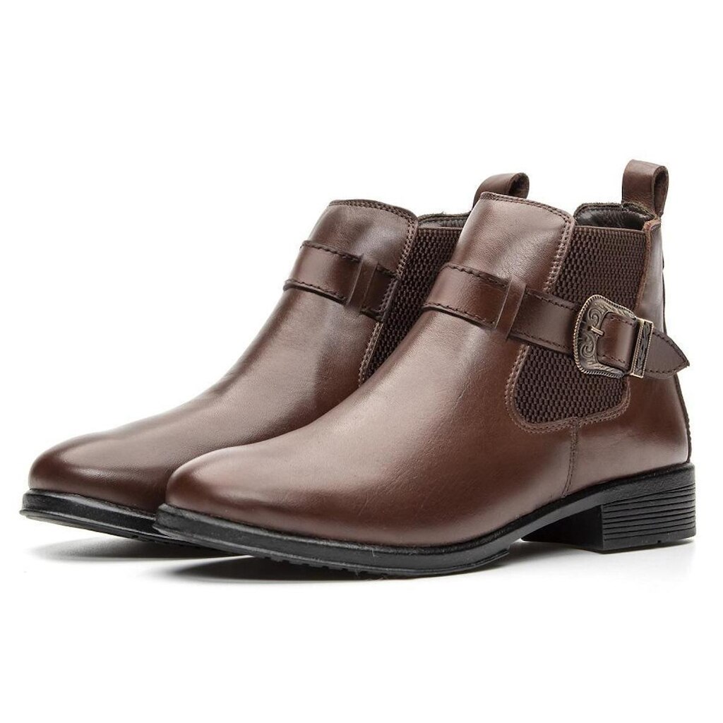 Bota Chelsea Feminina Em Couro Elastico Lateral Detalhe Fivela Puxador Traseiro Bico Redondo