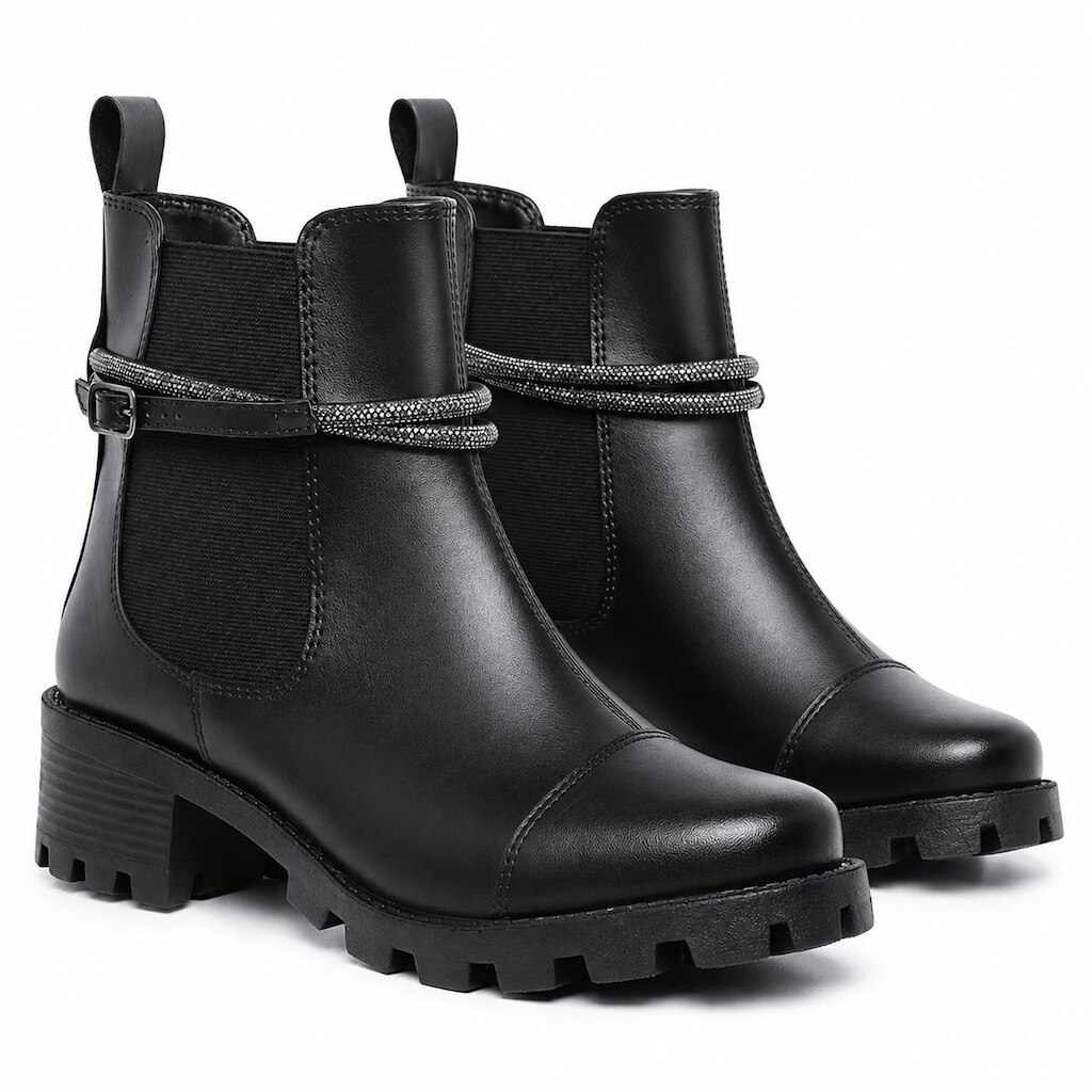 Bota Chelsea Tratorada Com Strass Fivela E Elástico Lateral