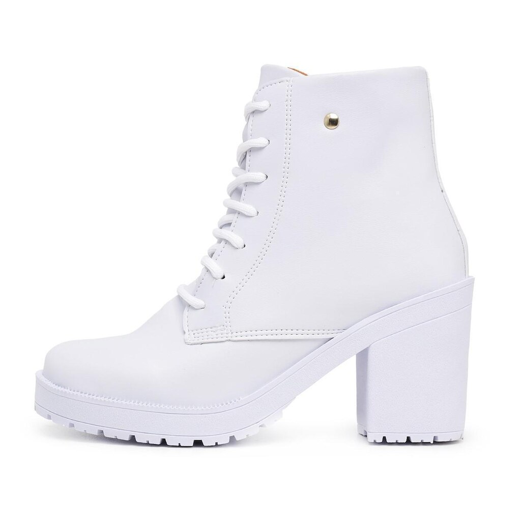Bota Coturno Branco Feminino com Salto Grosso Fechamento Zíper e Cadarço