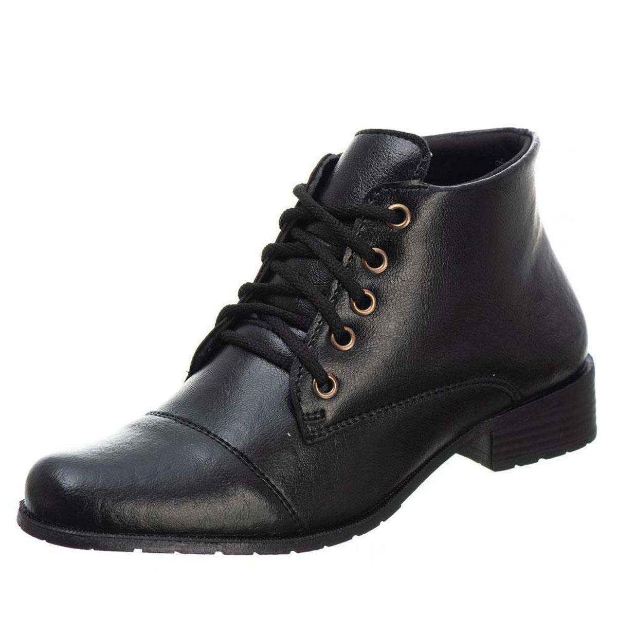 Bota Coturno Cano Curto Feminina Macia Basica Cadarço - Preto Menor preço em Bota Coturno Cano Curto Feminina Macia Basica Cadarço - Preto