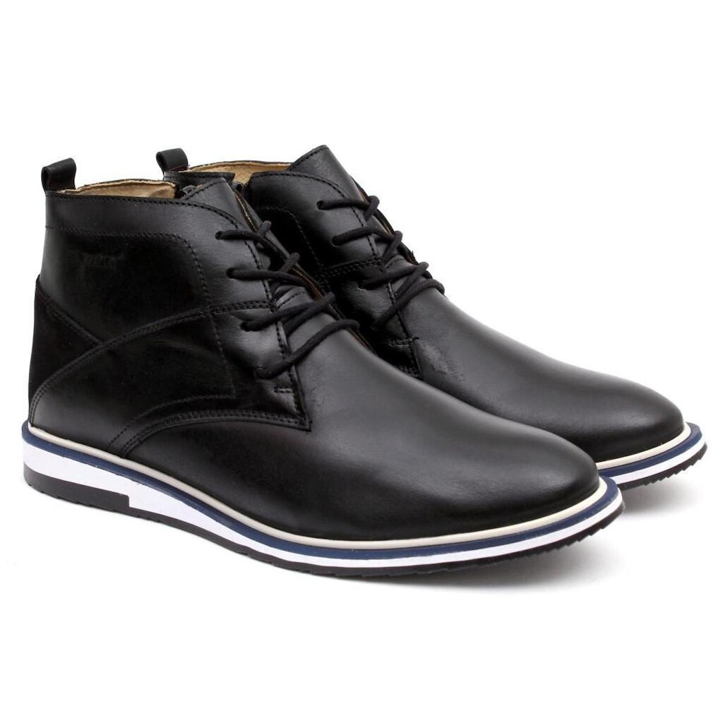 Bota Coturno Casual em Couro Masculino Cadarço Ziper Lateral e Sola Borracha