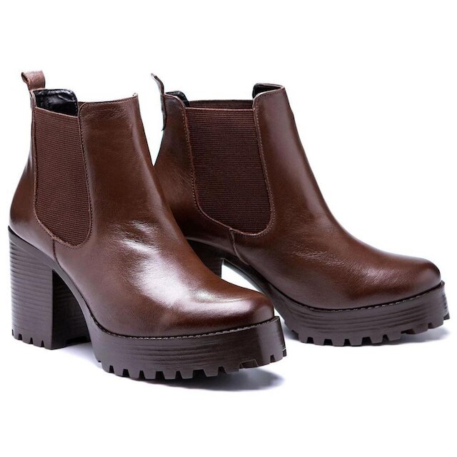 Bota Coturno Couro Feminino Elástico Moda Elegante Calce Fácil Salto Alto Tratorado