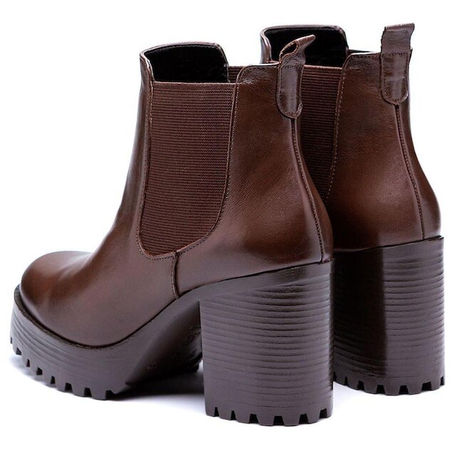 Bota Coturno Couro Feminino Elástico Moda Elegante Calce Fácil Salto Alto Tratorado