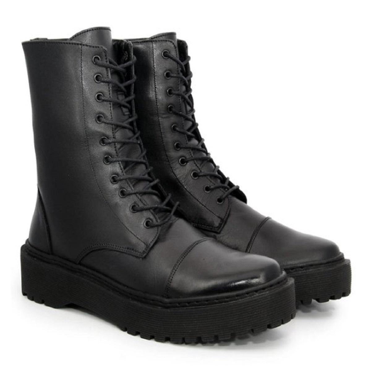 Bota Coturno Couro Feminino Solado Flatform Tratorado Cano Médio Salto Baixo Cadarço Menor preço em Bota Coturno Couro Feminino Solado Flatform Tratorado Cano Médio Salto Baixo Cadarço