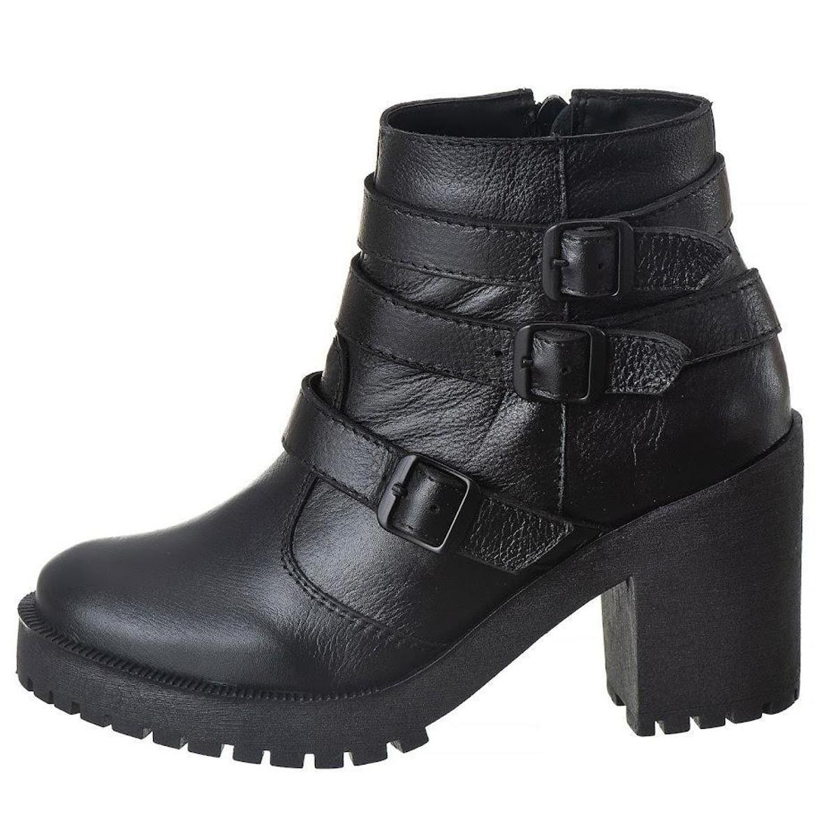 Bota Coturno Couro Fivelas Salto Tratorado Preto Agnes Veronez Menor preço em Bota Coturno Couro Fivelas Salto Tratorado Preto Agnes Veronez