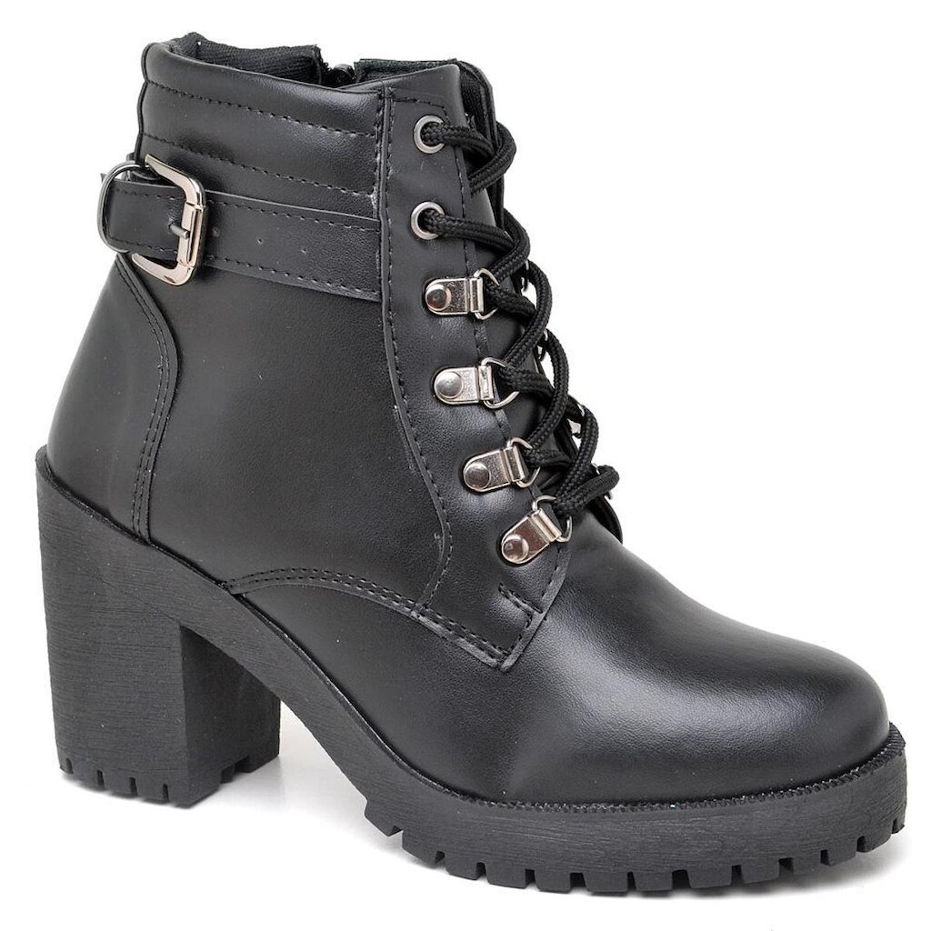 Bota Coturno Feminina Cano Curto Casual com Salto Alto Quadrado Tratorado Cadarço e Ziper
