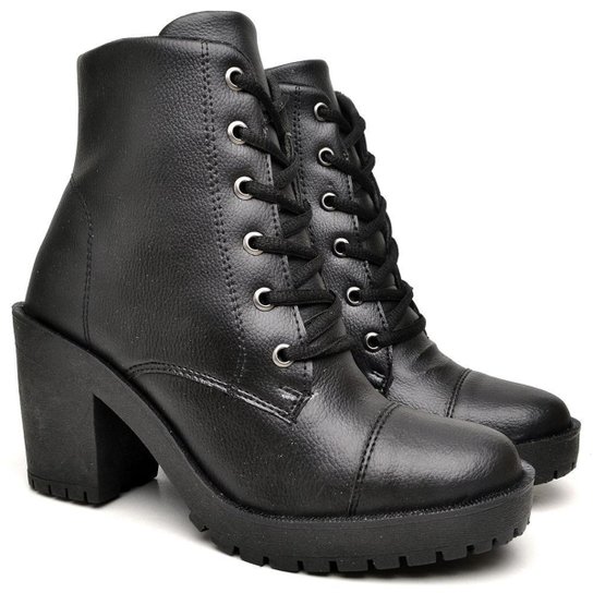 Bota Coturno Feminina Cano Curto Sola Tratorada com Salto Medio