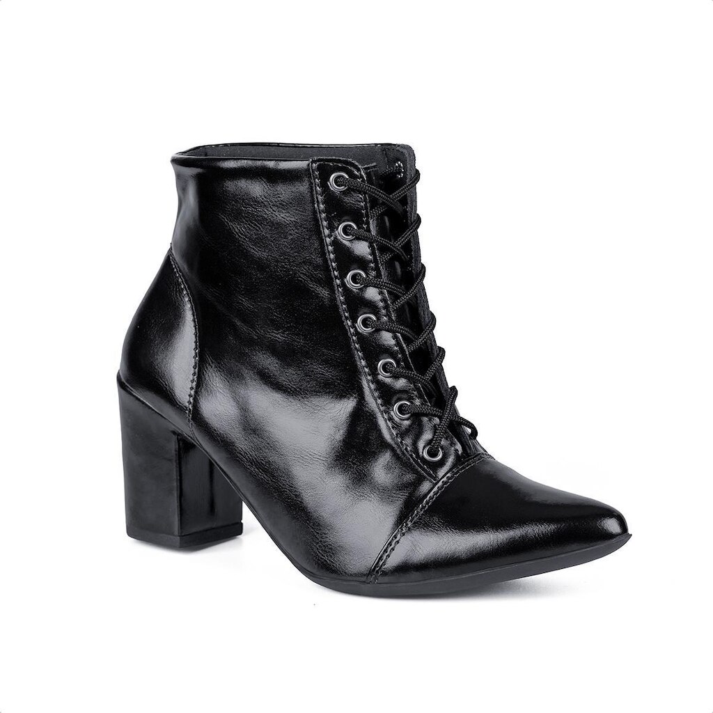 Bota Coturno Feminina Cano Curto Verniz Salto Bloco Preto Domidona