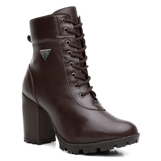 Bota Coturno Feminina Couro Cadarço Cano Médio Macia Casual