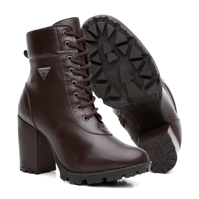 Bota Coturno Feminina Couro Cadarço Cano Médio Macia Casual
