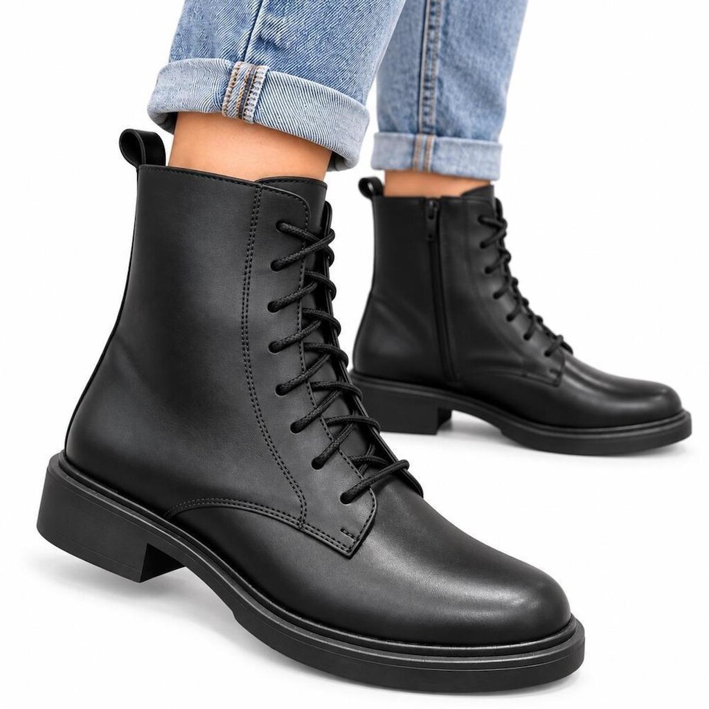 Bota Coturno Feminina Couro Cadarço e Zíper